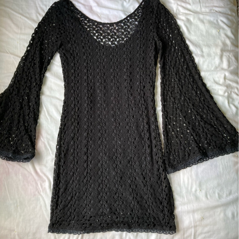 free People Black Knit Bell Sleeve mini dress size small